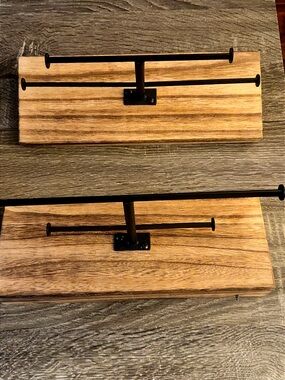 Industrial Double-Bar Jewelry Rack on Natural Wood Mount